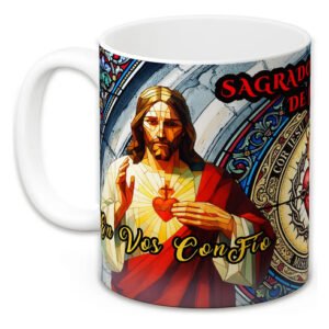 Taza Café Sagrado Corazón Jesús 11oz Regalo Devoción Blanco Edición Especial Vitral En Vos Confío