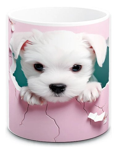 taza-perritos-3d-realista-11oz-regalo-varias-razas-lomitos-blanco-pared-rota-bichon-maltes-cachorro-fondo-rosa
